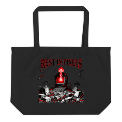Rest in Pixels | Low Battery Tote Bag - Large Black Organic Cotton Tote