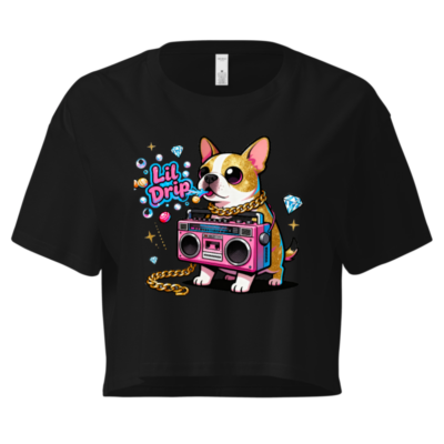 Women's Lil Drip Dog Boombox Crop Top - Trendy Short Sleeve Tee