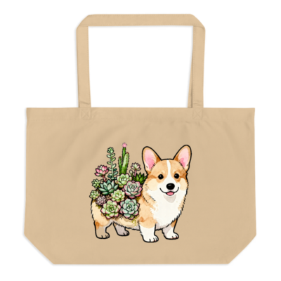 Organic Corgi with Succulents Tote Bag | Large Eco-Friendly Cotton Bag