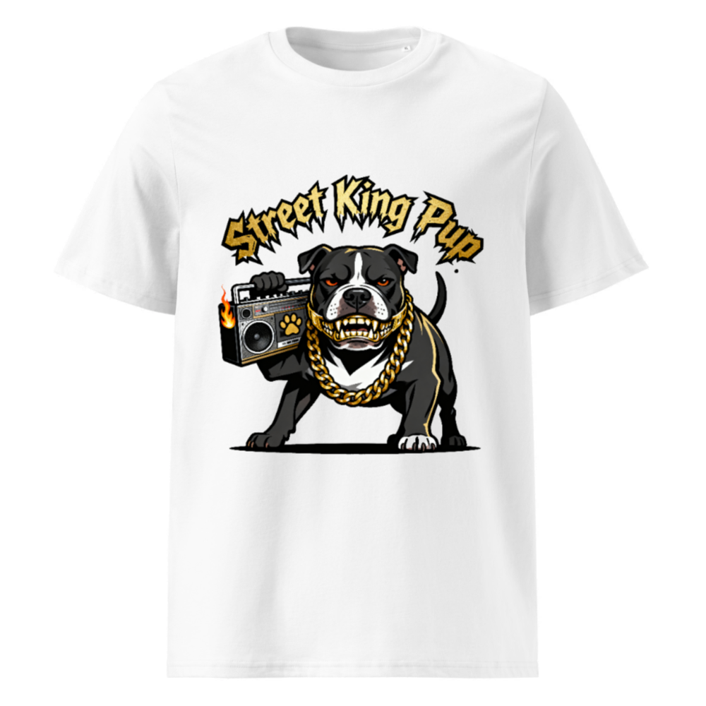 Street King Pup T-Shirt - Unisex Organic Cotton Tee with Boombox Bulldog Graphic