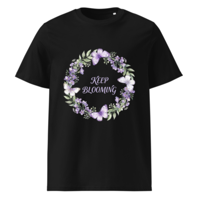 Unisex Organic Cotton T-Shirt | Keep Blooming Purple Flower & Butterfly Design