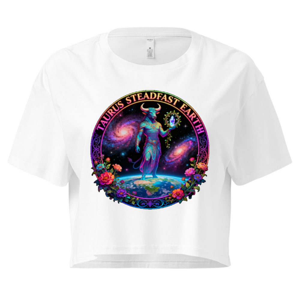 Taurus Steadfast Earth Women's Crop Top - Cosmic Bull, Galaxy & Floral Design