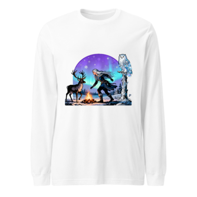 Unisex Long Sleeve Tee with Winter Aurora, Deer & Owl Design - Cozy Snowy Scene