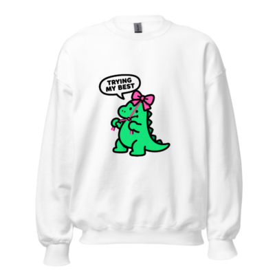 Unisex Green Dino Sweatshirt - 'Trying My Best' Bow-Dino Crew Neck