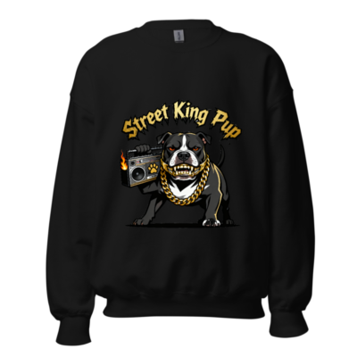 Street King Pup Unisex Crew Neck Sweatshirt - Black Hip-Hop Dog with Gold Chain & Boombox