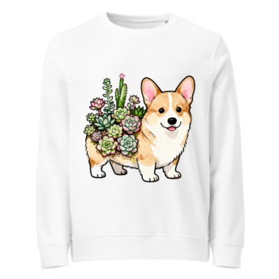 Unisex Organic Sweatshirt with Corgi & Succulent Design - Eco-Friendly, Soft & Comfortable