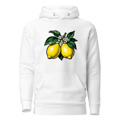 Unisex Lemon Branch Hoodie - Premium Pullover, White, Vintage Botanical Design