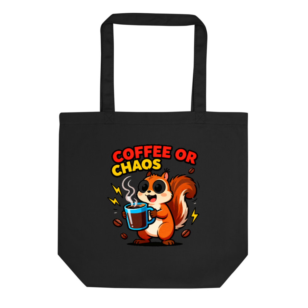 Eco Black Tote Bag | Coffee or Chaos Squirrel Design - Reusable & Sustainable
