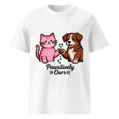 Unisex Organic Cotton T-Shirt: Pink Cat & Brown Dog Paw-Sitively Ours
