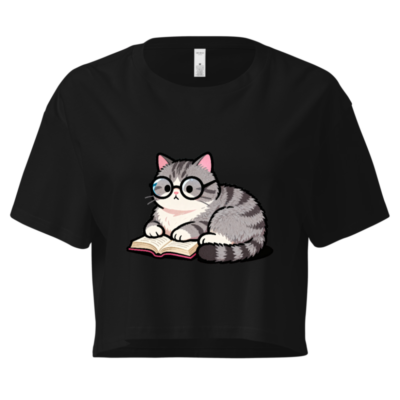 Women's Crop Top with Reading Cat Graphic - Gray Tabby, Glasses, Book