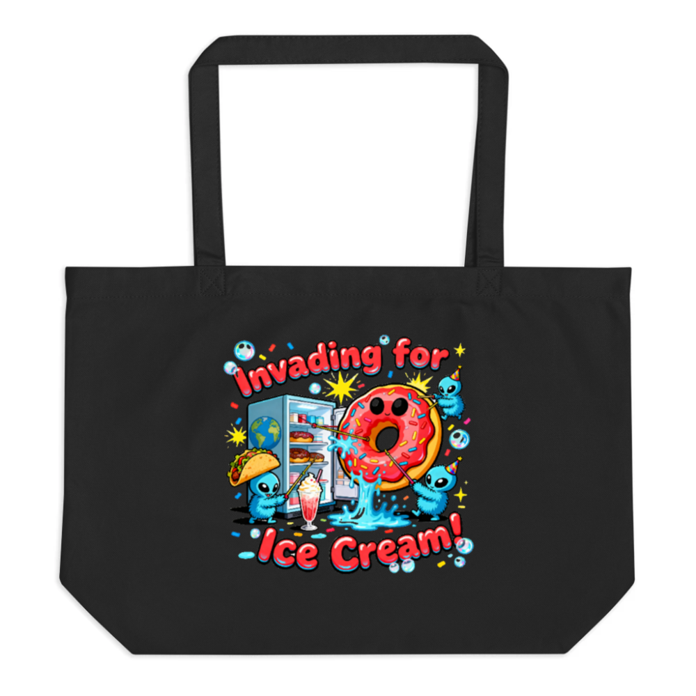 Large Black Organic Tote Bag | Invading for Ice Cream Donut Design
