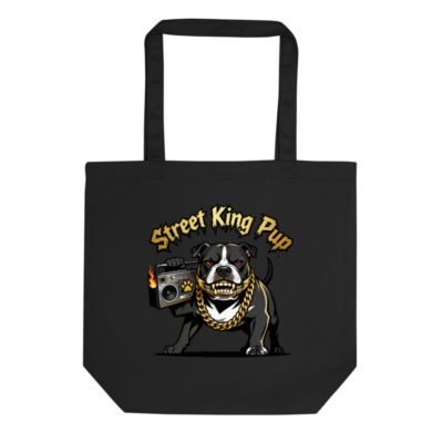 Street King Pup Eco Black Tote Bag | Sustainable Canvas Tote with Bold Dog Graphic