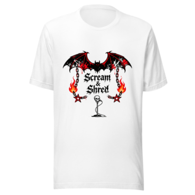 Unisex Staple T-Shirt | Scream & Shred Bat Skull Microphone Design