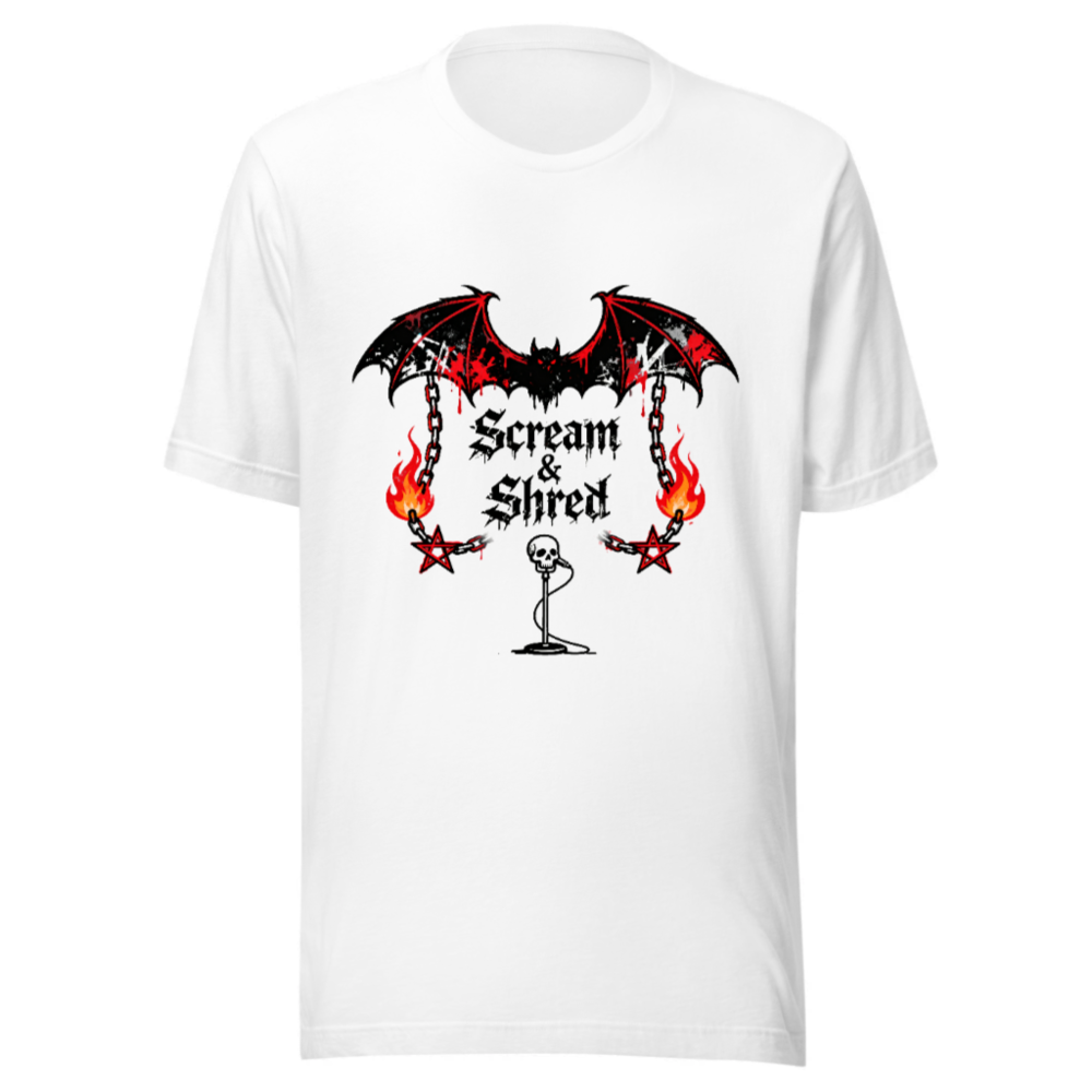 Unisex Staple T-Shirt | Scream & Shred Bat Skull Microphone Design