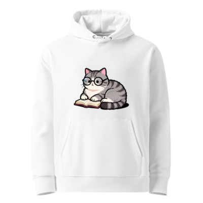 Unisex Eco Hoodie with Cute Cat Reading Book Design - Sustainable Cotton Blend