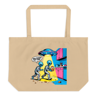 Large Organic Tote Bag | Blue Aliens Stealing Cookies Under UFO Light