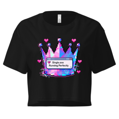 Women's Pixel Crown Crop Top - Pink/Blue Glitch Design, 'Single.exe Running Perfectly'
