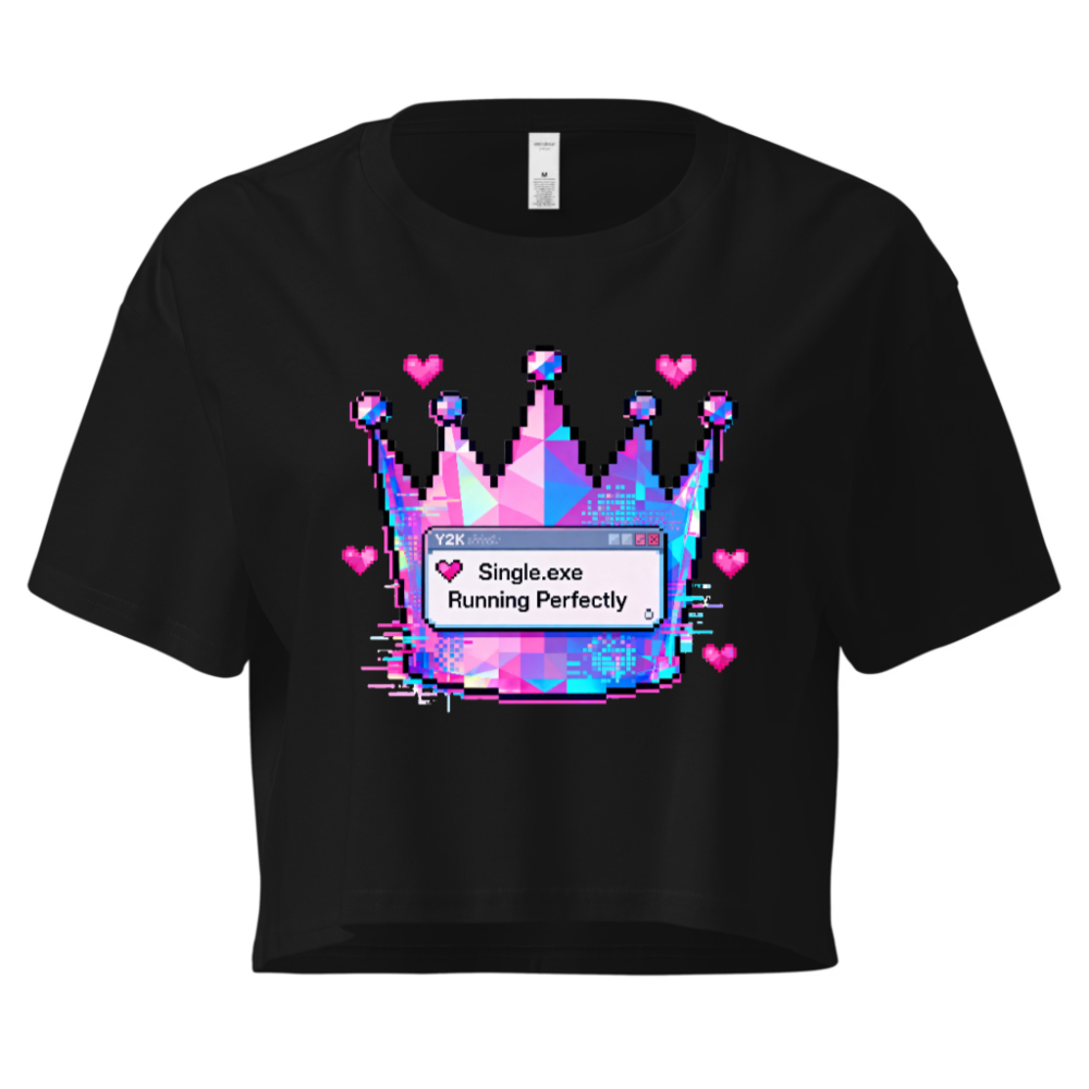 Women's Pixel Crown Crop Top - Pink/Blue Glitch Design, 'Single.exe Running Perfectly'