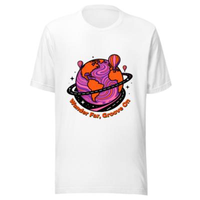 Unisex Staple T-Shirt - Wander Far, Groove On | Psychedelic Globe & Hot Air Balloons Design