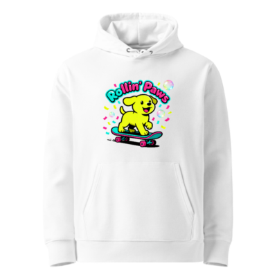 Unisex Eco Hoodie | Rollin' Paws Yellow Puppy Skateboard Design