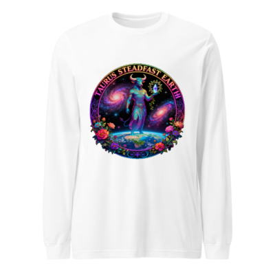Taurus Steadfast Earth Unisex Long Sleeve Tee - Cosmic Bull on Globe with Floral Border