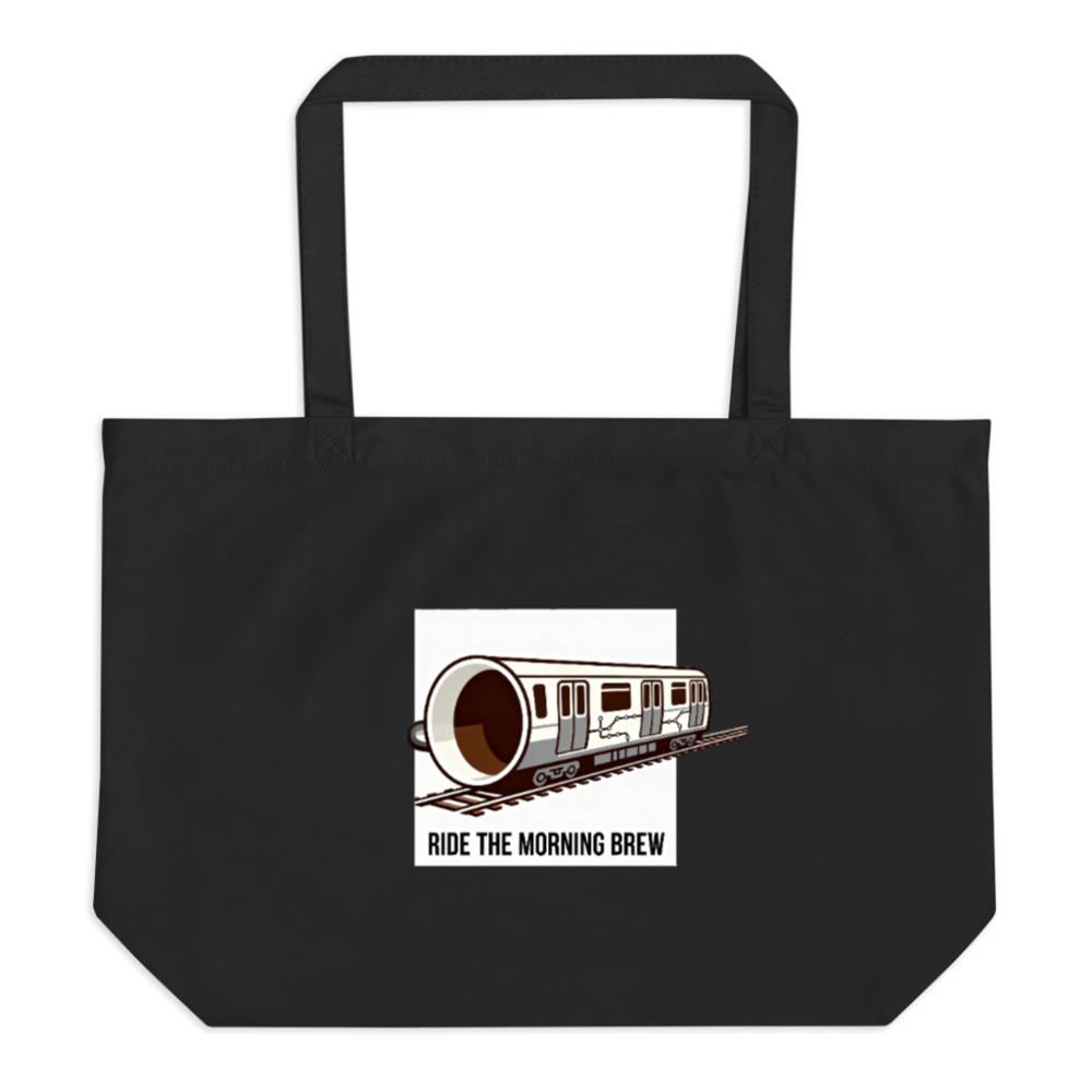 Organic Tote Bag - Large Black Coffee Train Design | Ride the Morning Brew