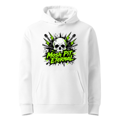 Mosh Pit Eternal Unisex Eco Hoodie - White Essential Sweatshirt with Skull & Guitar Graphic