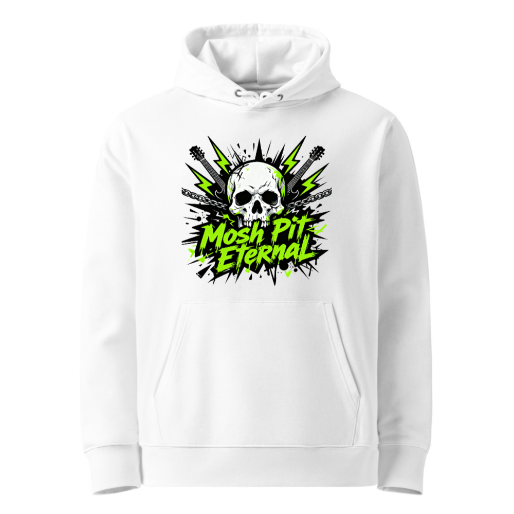 Mosh Pit Eternal Unisex Eco Hoodie - White Essential Sweatshirt with Skull & Guitar Graphic