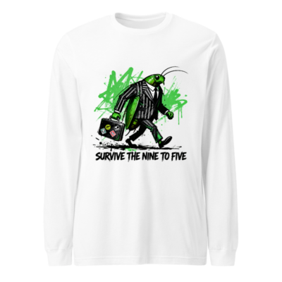 Unisex Long Sleeve Tee: Green Grasshopper in Suit with Briefcase - Survive the Nine to Five