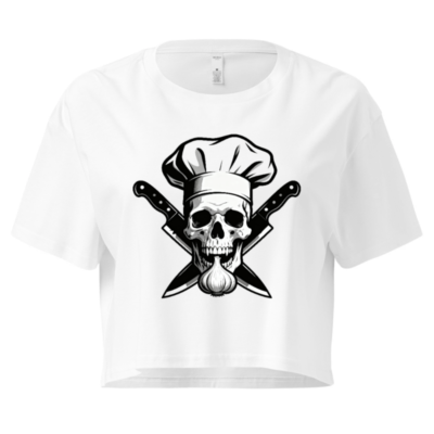 Women's Crop Top with Skull Chef Hat & Crossed Knives Design - Black and White Graphic Tee