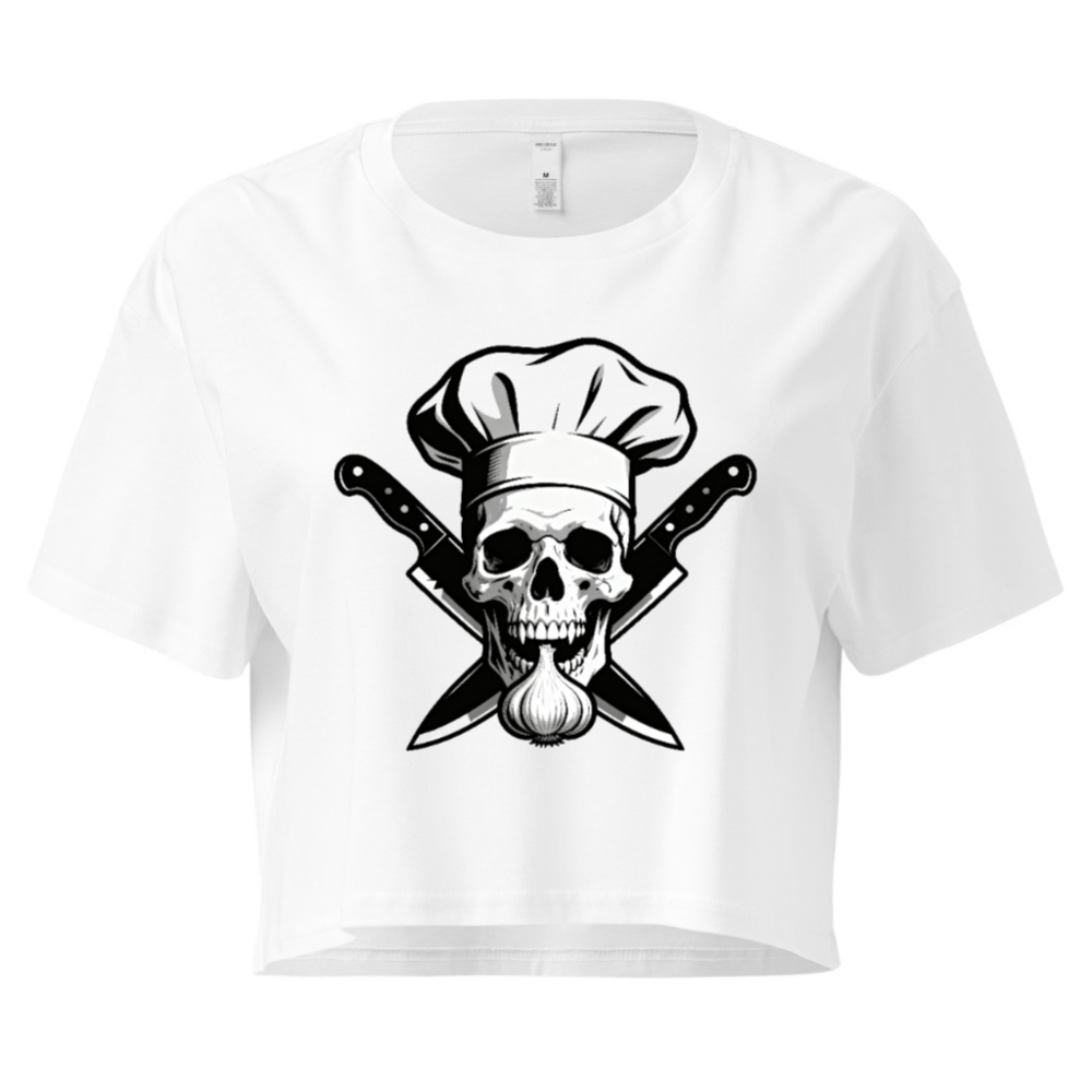 Women's Crop Top with Skull Chef Hat & Crossed Knives Design - Black and White Graphic Tee