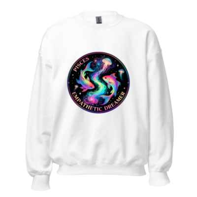 Pisces Empathetic Dreamer Unisex Crew Neck Sweatshirt - Rainbow Fish & Jellyfish Cosmic Design