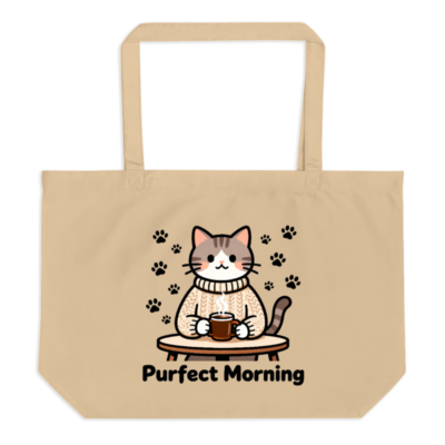 Organic Tote Bag with Cute Cat Holding Coffee - 'Purfect Morning' Eco-Friendly Large Tote