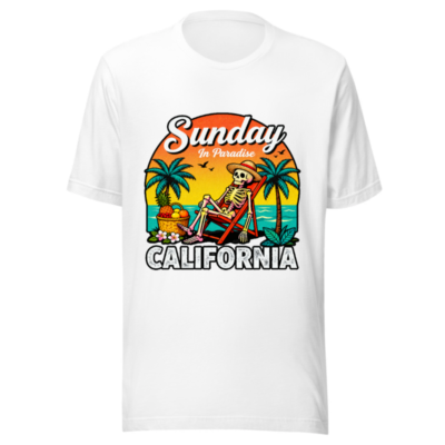 Sunday in Paradise California Unisex T-Shirt - Skeleton Beach Chair Design