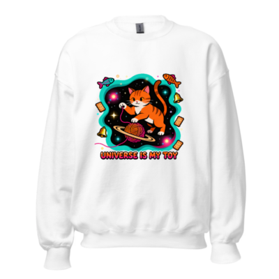 Unisex Crew Neck Sweatshirt - Universe Is My Toy Cat Design, Space Yarn Ball, Cosmic Fun
