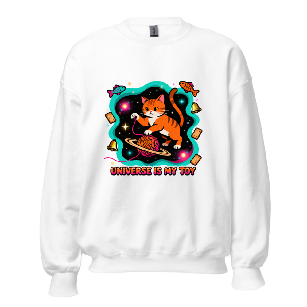 Unisex Crew Neck Sweatshirt - Universe Is My Toy Cat Design, Space Yarn Ball, Cosmic Fun