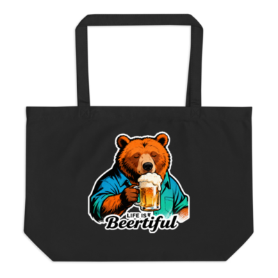 Large Black Organic Tote Bag | Life Is Beertiful Bear Beer Mug Design