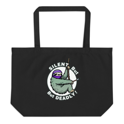 Silent But Deadly Sloth Organic Tote Bag - Large Black Eco-Friendly Canvas Tote