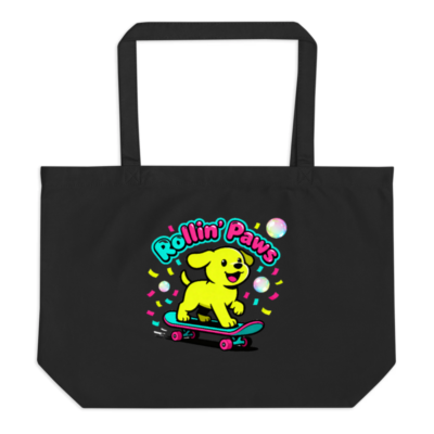 Large Black Organic Tote Bag | Rollin' Paws Dog Skateboard Design