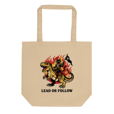 Eco Oyster Tote Bag | Lead or Follow Cat on T-Rex, Flame Design