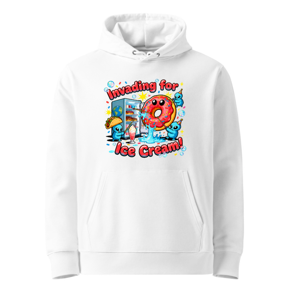 Unisex Eco Hoodie - 'Invading for Ice Cream' Donut & Alien Graphic Sweatshirt