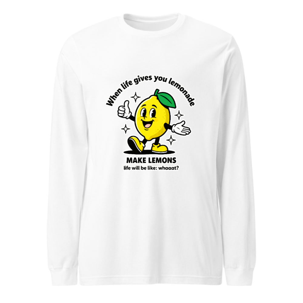 Unisex Long Sleeve Tee: 'Make Lemons' Lemon Mascot Fun Graphic Shirt