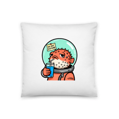 Pufferfish in Space Pillow - 18" x 18" Cute Astronaut Cushion with 'Do Not Disturb' Note