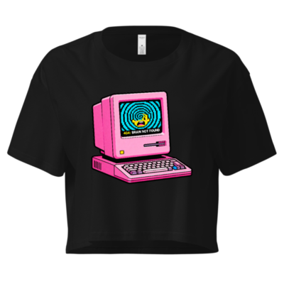 Pink Retro Computer 404 Brain Not Found Women's Crop Top - Vintage Tech Graphic Tee