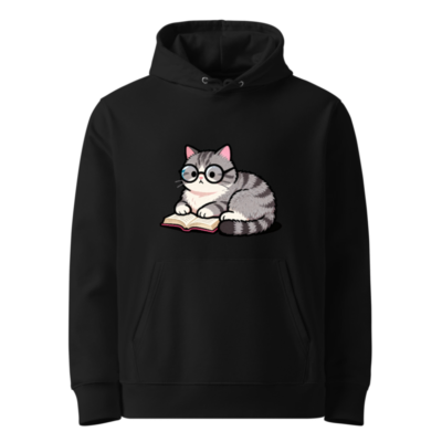 Unisex Eco Hoodie - Cute Book-Loving Cat Graphic, Sustainable Essential Sweatshirt