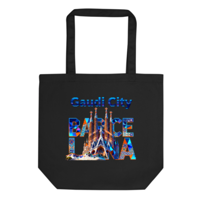 Gaudi City Barcelona Eco Tote Bag - Black Reusable Canvas Bag with Sagrada Familia Design