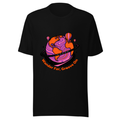 Unisex Staple T-Shirt | Wander Far, Groove On - Psychedelic Globe & Hot Air Balloons Design