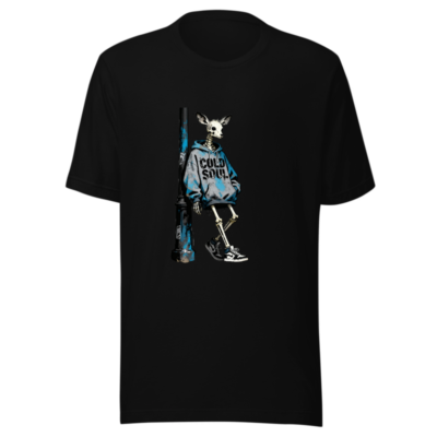 Unisex Staple T-Shirt - Skeleton Deer in Blue Hoodie, 'COLD SOUL' Street Art Design