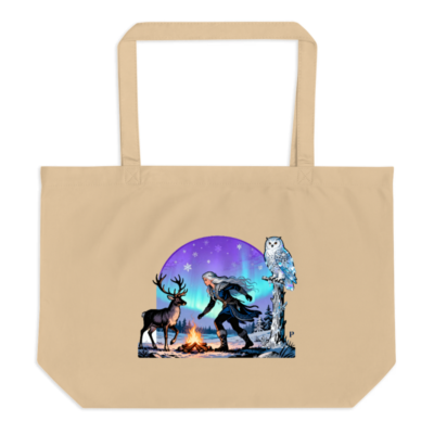 Large Organic Tote Bag with Winter Aurora Deer Owl Art - Eco-Friendly Canvas Tote