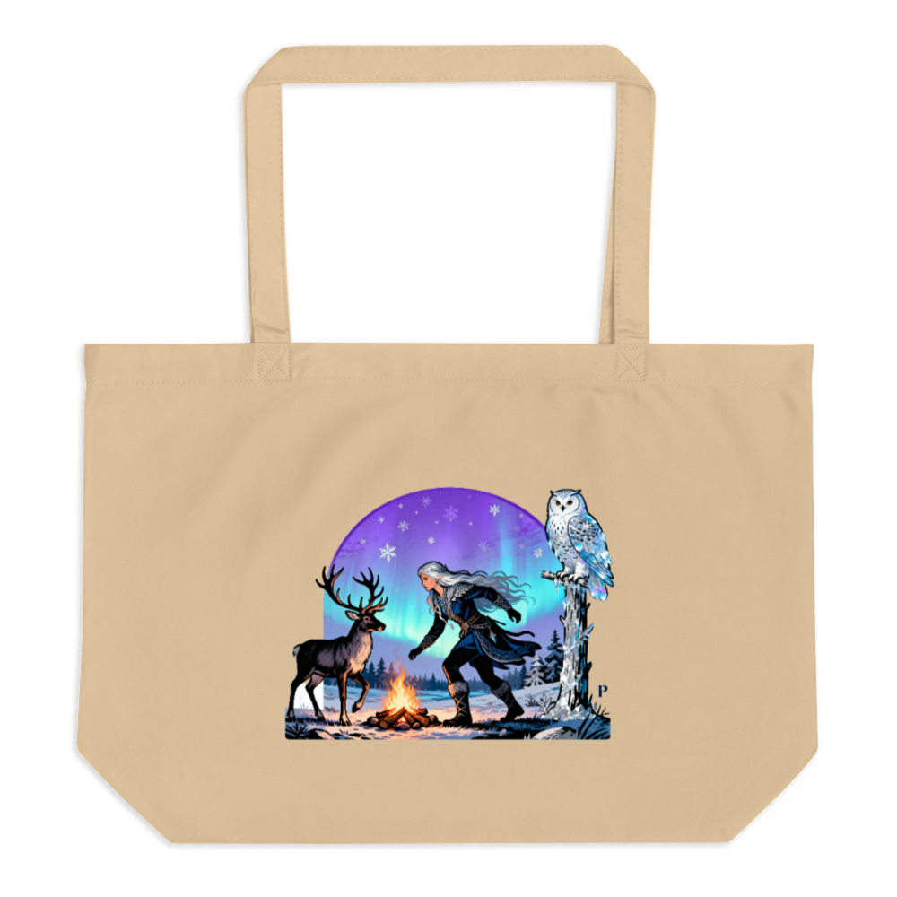 Large Organic Tote Bag with Winter Aurora Deer Owl Art - Eco-Friendly Canvas Tote